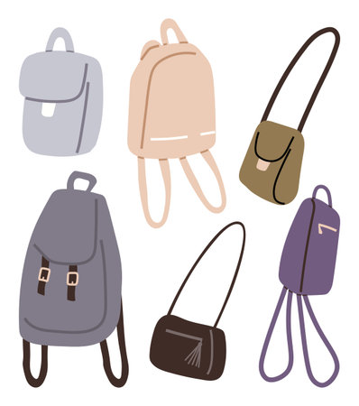 Various designs of backpacks and shoulder bags with different strap styles and closures. Elegant color palette emphasizes minimalism. Ideal for fashion bloggers, e-commerce, design inspirationsのイラスト素材