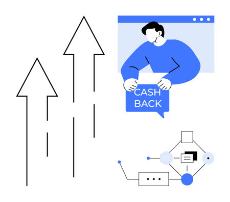 Person holding cashback sign from computer screen, arrows pointing upward, digital network diagram. Ideal for finance, online shopping, cashback rewards, financial growth, digital marketingのイラスト素材