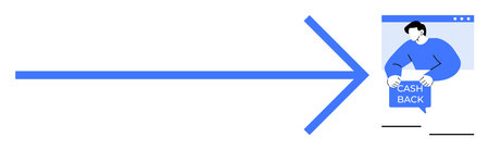 Large blue arrow pointing right towards a man holding a cash back sign on a digital screen. Ideal for online shopping financial savings marketing digital transactions and customer incentives. Simpleのイラスト素材