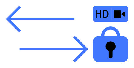 Blue arrows pointing in opposite directions, a padlock, and an HD video camera symbol. Ideal for streaming security, data transfer, online privacy, encryption, and video quality. Simple flat styleのイラスト素材