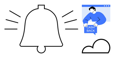 Large ringing bell with lines to indicate sound. A person holding cashback in a chat bubble on a computer window. A small cloud icon. Ideal for finance, online shopping, technology, notificationsのイラスト素材