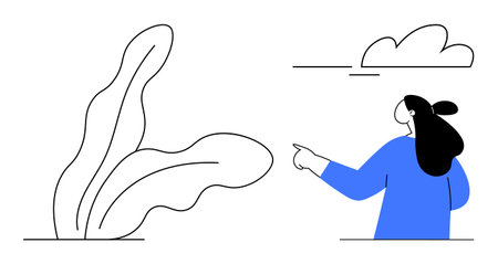 A person with black hair and a blue outfit is pointing towards a cloud next to a large plant. Ideal for education, guidance, nature, simplicity, and instruction themes. Minimalist vector styleのイラスト素材