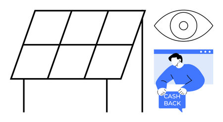 Depiction of solar panels, an eye representing surveillance or vision, and a person receiving...