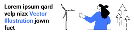Woman in blue top pointing at wind turbine with upward arrows symbolizing growth and progress. Ideal for renewable energy, sustainability, innovation, environmental awareness, clean energy. Bannerのイラスト素材