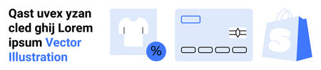 A T-shirt, a percentage symbol, a credit card, and a shopping bag. Ideal for e-commerce, retail, online shopping, discounts, and payment gateways. Landing pageのイラスト素材
