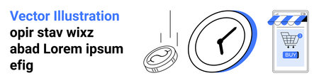 Blue and black vector featuring a clock, coin, and shopping cart on a mobile device. Ideal for e-commerce, time management, mobile shopping, finance, and online business. Banner for landing pageのイラスト素材