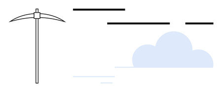 A pickaxe is placed on the left side with a cloud and abstract horizontal lines on the right side. Ideal for mining, cloud computing, technology, data analysis, and futuristic design. Simple modernのイラスト素材