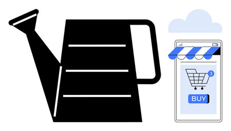 A black watering can next to a smartphone with a shopping cart and buy button, under a cloud. Ideal for online shopping, gardening, e-commerce, mobile apps, digital marketing. Modern flat styleのイラスト素材