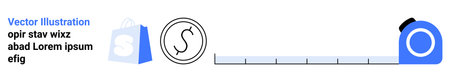 Shopping bag icon, currency symbol, and a measuring tape in blue and white. Ideal for online shopping, e-commerce, digital marketing, retail sales, and product listings. Landing pageのイラスト素材