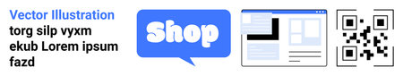 Contains a Shop button, web page layout, and QR code. Ideal for digital commerce, web design, online...