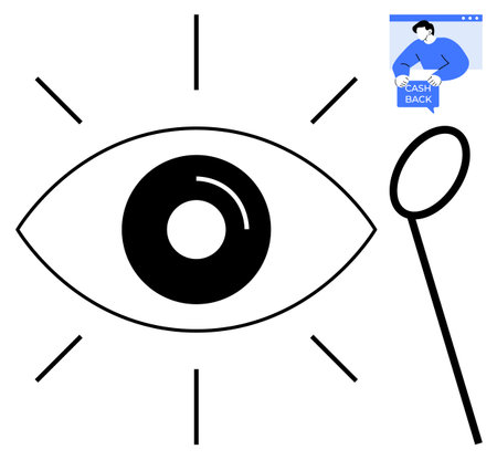 Simplified eye symbol accompanied by a magnifying glass and a cash back icon. Ideal for vision, search, discovery, analysis, and financial benefits. Black, blue, and white, minimalist designのイラスト素材