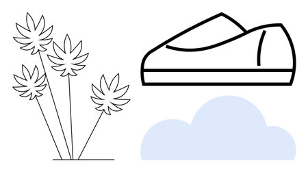 Stylized plants, minimalist sneaker, and light blue cloud create a clean, modern outdoor-themed composition. Ideal for lifestyle, gardening, weather, fitness, fashion, nature, design. Line metaphorのイラスト素材