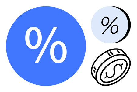 Percent symbol in blue circle with coin and smaller percent icon. Ideal for economics, finance, banking, savings, investment, revenue analysis, business education. Line metaphorのイラスト素材