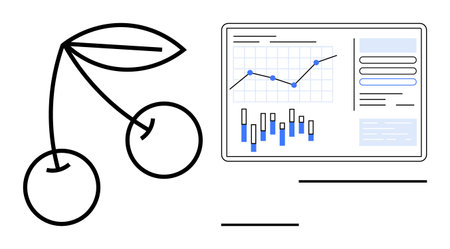 Cherry with leaves beside a data analytics dashboard displaying line and bar charts, graphs, and...