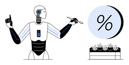AI robot pointing and painting with a brush, abstract percentage sign, small plants growing in pot....