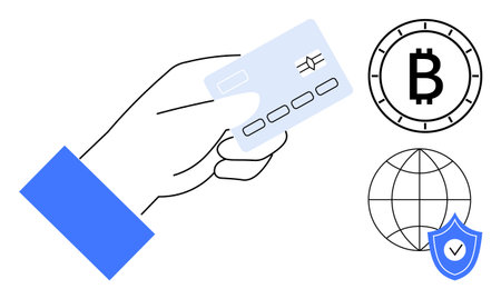 Hand holding a credit card near Bitcoin symbol, globe, and shield with check mark. Ideal for finance, e-commerce, security, online transactions, cryptocurrency, payment methods, financial technologyのイラスト素材