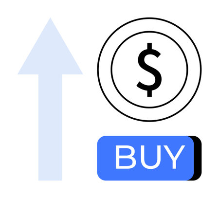 Business growth symbolized by a large upward arrow next to a dollar sign inside a coin and a blue BUY button. Ideal for investment, e-commerce, marketing, sales strategy, financial success, profitのイラスト素材