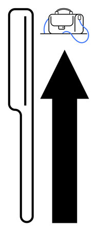 Black arrow pointing up, pen on the left, briefcase with a blue leash on top. Ideal for business growth, career advancement, office decor, educational materials, corporate training, professionalのイラスト素材