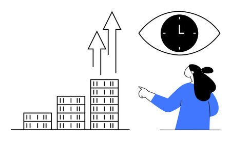 Woman pointing at ascending arrows next to stacked buildings, with a clock symbol in the eye-like shape above. Ideal for business growth, time management, productivity, goal setting, and financialのイラスト素材