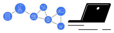 Laptop connected to icons representing warehouse, airplane, truck, shopping cart, and factory symbols. Ideal for logistics, e-commerce, technology, business, supply chain, data analysisのイラスト素材