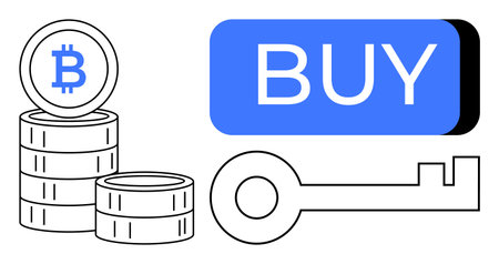 Stacks of Bitcoin coins, a blue BUY button, and a key outline symbolize investment, security, and purchase. Ideal for fintech, crypto trading, investment guides, security features, onlineのイラスト素材