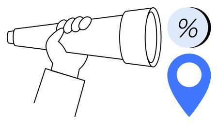 Hand gripping a telescope, aiming at percentage symbol and location pin. Ideal for financial planning, navigation, future forecasting, strategy development, business growth, investment insightsのイラスト素材