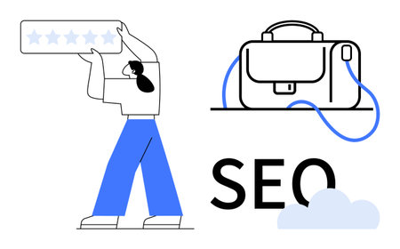 Person holding a star rating, briefcase, SEO text, and cloud icons. Ideal for business strategies, digital marketing, workplace efficiency, rating systems, professional tools, search engineのイラスト素材