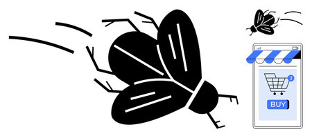 A stylized black fly appears near a smartphone screen with a storefront and shopping cart icon with...