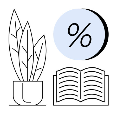 Potted plant with large leaves, an open book, and a percentage sign inside a blue circle. Ideal for education materials, financial services, home decor, minimalistic design, nature themes, learningのイラスト素材