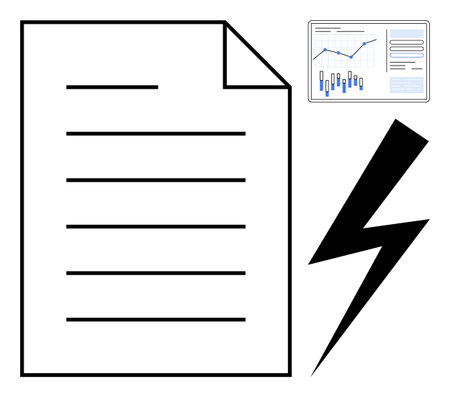 Financial report document, data analysis chart with graphs, lightning bolt symbolizing urgency. Ideal for financial updates, urgent reports, business presentations, stock market analysis, performanceのイラスト素材