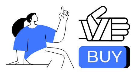 Woman pointing towards thumbs-up symbol and buy button. Ideal for marketing, advertising, e-commerce, online shopping, consumer behavior, promotional materials, digital campaigns. Line metaphorのイラスト素材