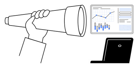 Hand holding telescope, graph board displaying financial data, and laptop illustrating market analysis. Ideal for business strategy, financial planning, market research, data analysis, forecastingのイラスト素材