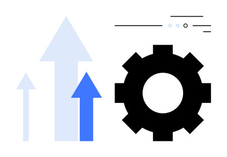 Three arrows of varying sizes ascend alongside a large cogwheel, accompanied by horizontal lines and dots. Ideal for business growth, teamwork, innovation, productivity, performance enhancementのイラスト素材