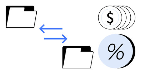 Two black and white folders with blue arrows indicating data transfer. Coin stack and percentage symbol. Ideal for finance, data management, business, accounting, investment, financial analysisのイラスト素材
