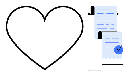 Large black heart symbol is next to rolled receipts with a blue check mark for validation. Ideal for business, health, finance, love, and validation. Simple and minimalist styleのイラスト素材