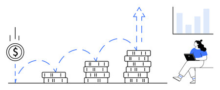 Dollar sign dropping onto stacks of coins increasing in height, person with laptop analyzing growth, chart. Ideal for financial growth, investment planning, economic trends, business strategyのイラスト素材