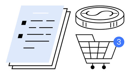 Documents, coin, and shopping cart with notification icon. Ideal for finance, online shopping, business management, notifications, economic reports, e-commerce, and budgeting concepts. Line metaphorのイラスト素材