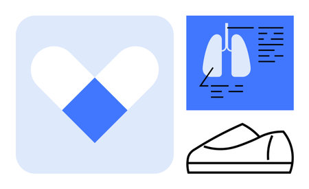 Heart-shaped pill icon, diagram of human lungs, and footwear outline. Ideal for healthcare, medicine, respiratory health, pharmaceutical industries, wellness, medical education, fitness. Lineのイラスト素材