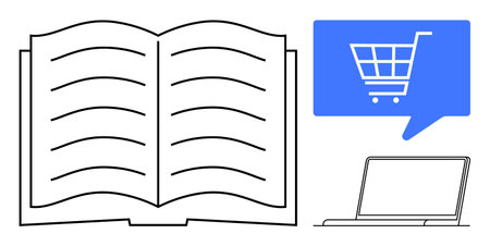 Open book graphic, blue speech bubble with shopping cart icon, and laptop line illustration. Ideal for education, e-commerce, online shopping, digital learning, literature, technology, communicationのイラスト素材
