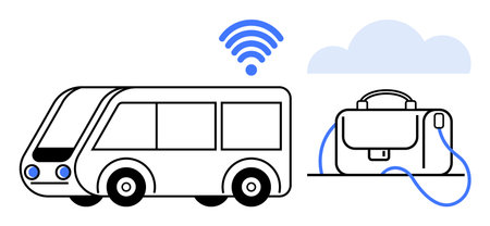 Bus and briefcase connected by cable to wireless and cloud icon. Ideal for smart transportation, future mobility, IoT, business travel, network connectivity, technology integration, cloud servicesのイラスト素材