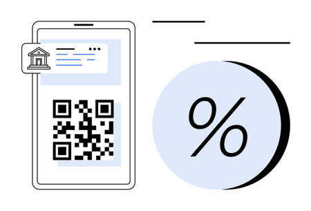 Smartphone displaying a QR code, bank icon, and large percentage symbol. Ideal for financial technology, online payments, digital banking, investment analysis, ecommerce, marketing statisticsのイラスト素材
