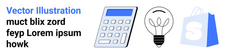 A calculator, a lightbulb, and a shopping bag on a white background. Ideal for technology, business, finance, shopping, education. Landing pageのイラスト素材