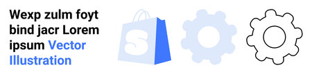 Shopping bag with text, a light blue gear, and a black gear outline. Ideal for online shopping, e-commerce solutions, website development, user interface, and marketing design elements. Landing pageのイラスト素材