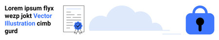 Document with certification badge, cloud storage, and secure padlock in blue. Ideal for data protection, cloud storage, security, certifications, documents, online privacy, and encryption. Bannerのイラスト素材