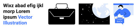 Business briefcase, night sky with Earth, person on smartphone screen with cashback text. Ideal for...