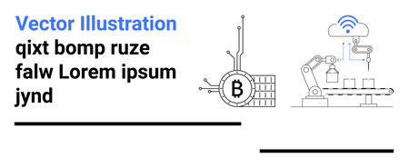 Bitcoin symbol with circuit, robotic arm handling objects, wireless signal icon. Ideal for finance, technology, automation, robotics, cryptocurrency, blockchain, manufacturing Landing pageのイラスト素材