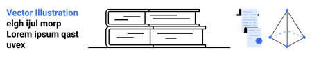 Stack of books in black outlines, document with blue checkmarks, geometric shape diagram. Ideal for education, learning, school projects, academic materials, instructional design, study aidsのイラスト素材