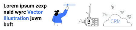 Person creating text, blockchain symbol, CRM graphic, and innovative icons thumbs up lightbulb and...
