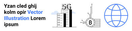 Building with 5G sign, circuit board with Bitcoin symbol, globe. Ideal for telecommunications, cryptocurrency, blockchain, internet, digital technology, global connectivity, and tech industryのイラスト素材