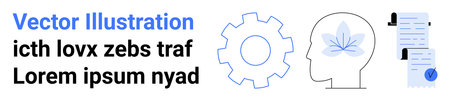 Gear, human head with leaf symbol, and document with checklist and checkmark. Ideal for technology, health, mental wellness, productivity, business, education, research. Landing pageのイラスト素材